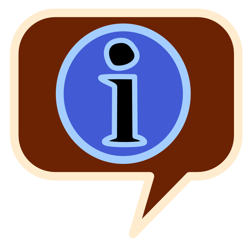 Inside a brown speech bubble is a blue oval with a black I on it. The image has light line art